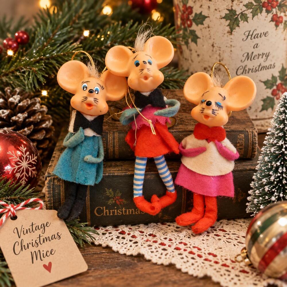 Vintage 50s Felt Elf Mice Christmas Ornaments - Made in Japan- Set of three